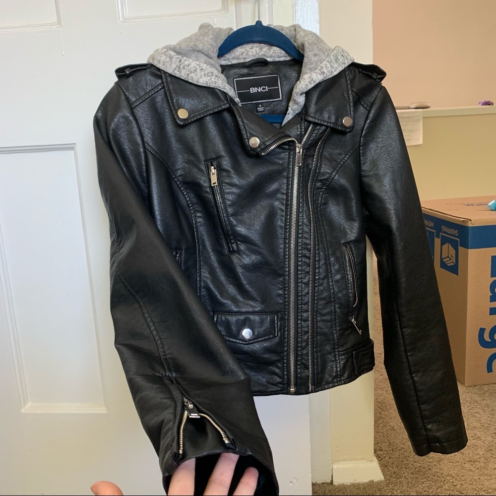 Faux Leather bomber jacket with gray hood